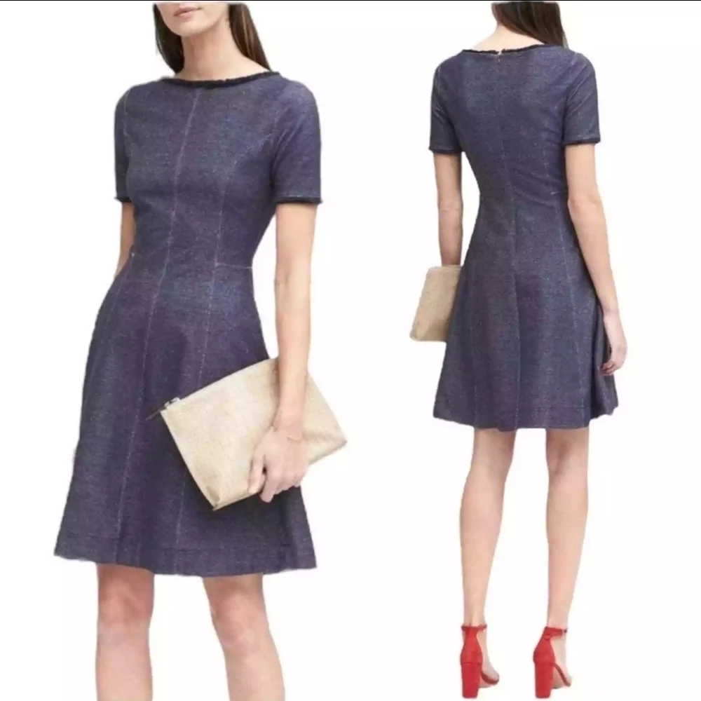 Banana Republic denim look frayed collar chambray preppy fit and flare dress - Picture 2 of 5